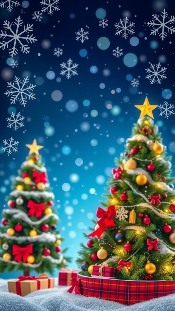 Festive Christmas Background Presentation A colorful Christmas background with snowflakes, Christmas trees, and lights, ideal for holiday presentations.